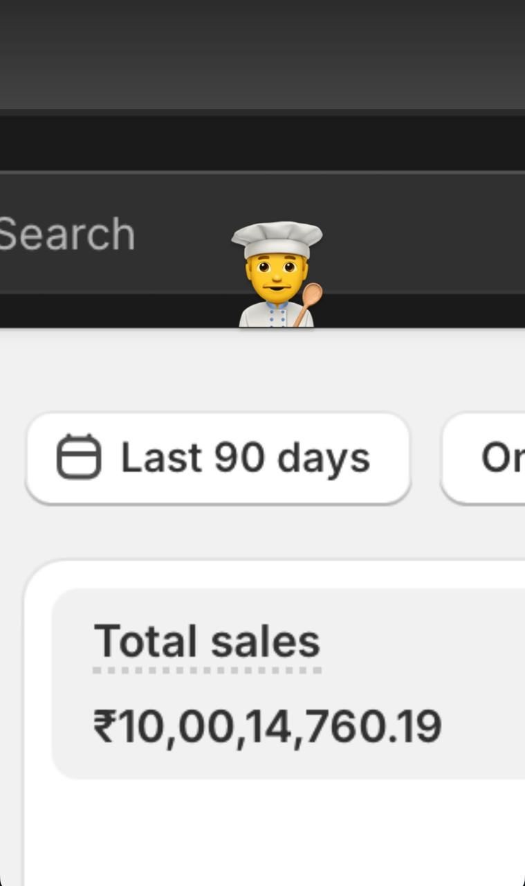 Shopify dashboard showing ₹10,00,14,760 total sales in the last 90 days